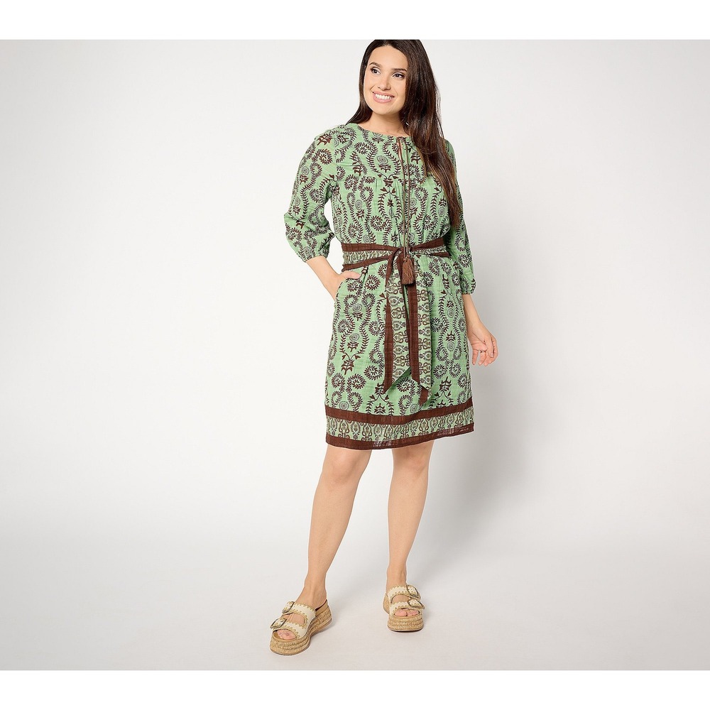 Studio Park Boho 100% Cotton Shift Dress Large Green Brown Print w/ Belt
